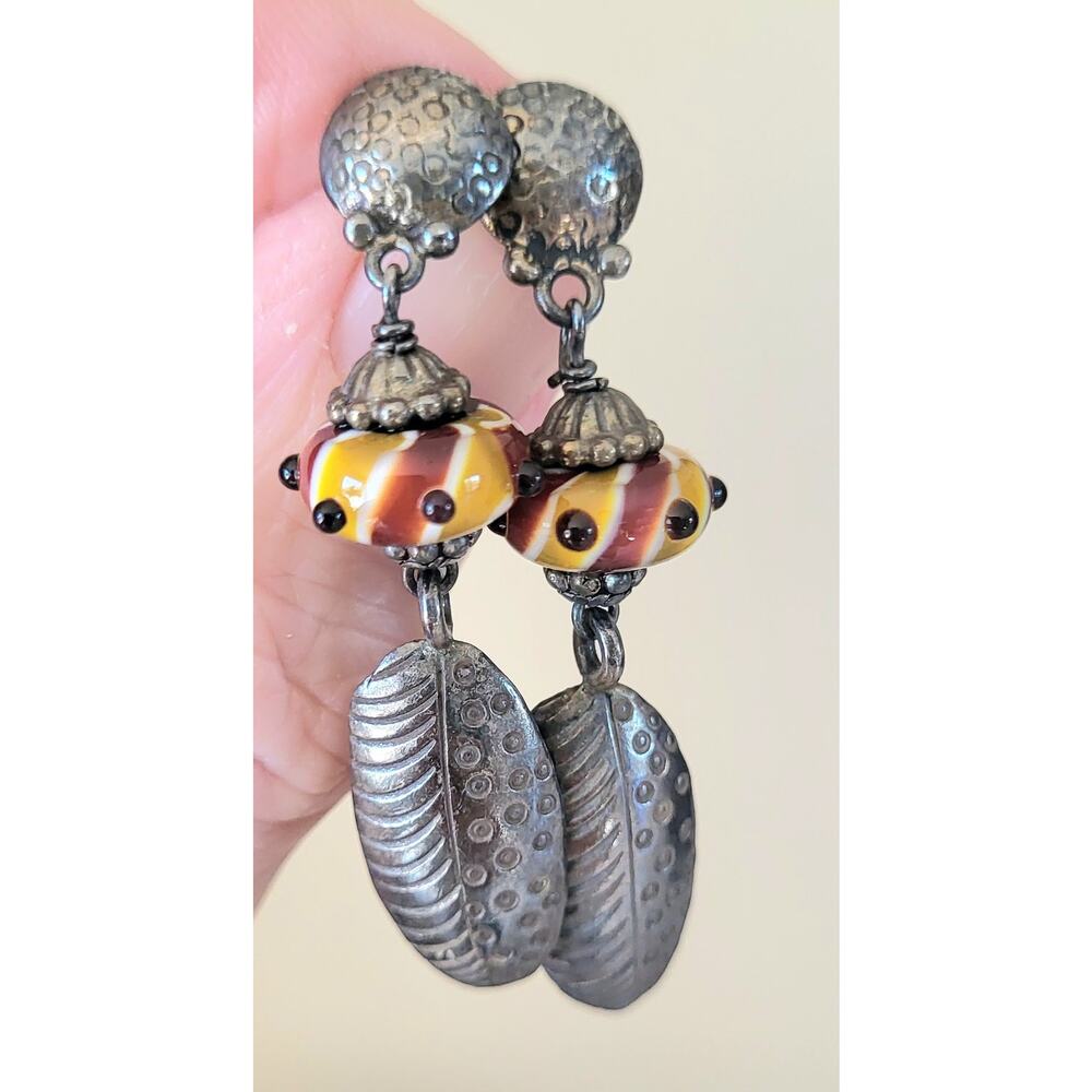 Lampwork Fused Glass Earrings Silver Pierced Yellow Red